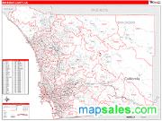 San Diego County, CA <br /> Wall Map <br /> Zip Code <br /> Red Line Style 2024 Map