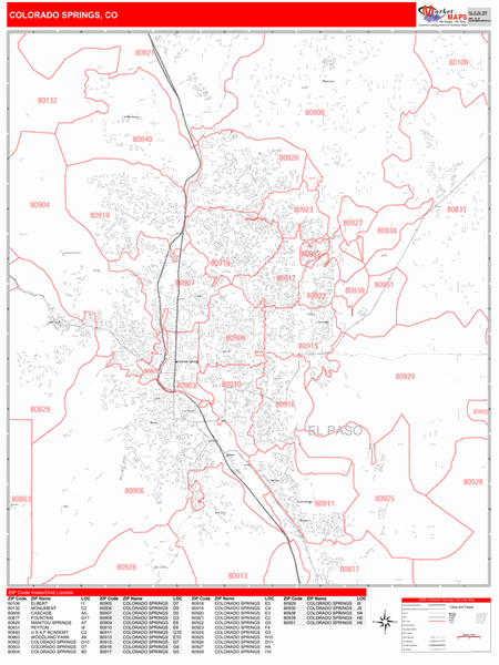 Colorado Springs Zip Code Map With Streets Colorado Springs, Co Zip Code Wall Map Red Line - Marketmaps