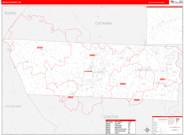 Lincoln County Nc Zip Code Wall Map Red Line Style By Marketmaps