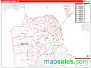 San Francisco County, CA <br /> Wall Map <br /> Zip Code <br /> Red Line Style 2025 Map