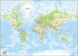 Europe-Centered World Physical Wall Map - Mercator