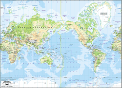 Pacific-Centered World Physical Wall Map - Mercator