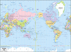 Pacific-Centered World Political Wall Map - Mercator