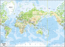 Asia-Centered World Physical Wall Map - Mercator