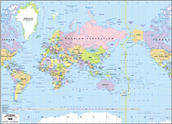 Asia-Centered World Political Wall Map - Mercator