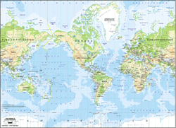 Americas-Centered World Physical Wall Map - Mercator