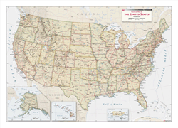 Political Wall Map Of The US With Antique Tones