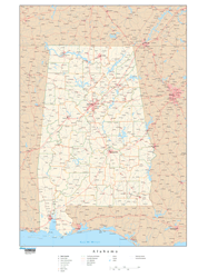 Alabama Wall Map with Roads