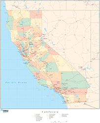 California Wall Map with Counties