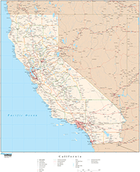 California Wall Map with Roads