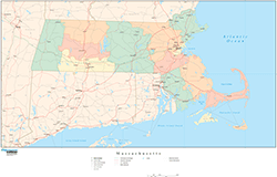 Massachusetts Wall Map with Counties