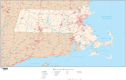 Massachusetts Wall Map with Roads