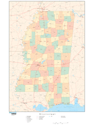 Mississippi Wall Map with Counties