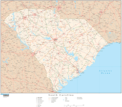 South Carolina Wall Map with Roads