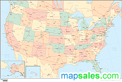 United States Political Wall Map w/ Highways and Oceans